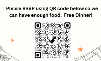 Invitation to an event includes a QR code with a dinosaur and spiderweb. Text reads, "Please RSVP using QR code below so we can have enough food. Free Dinner!"