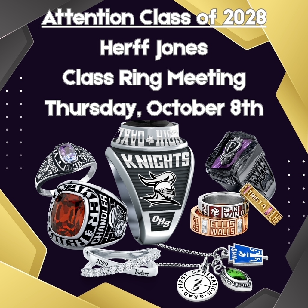 Event poster displays multiple rings and jewelry items. Text reads: "Attention Class of 2028 Herff Jones Class Ring Meeting Thursday, October 8th."