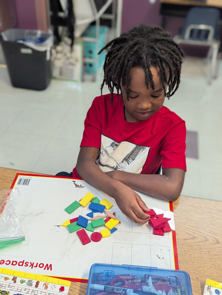 Photo of student sorting shapes on a work mat