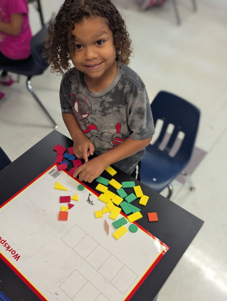 Photo of student sorting shapes on a work mat