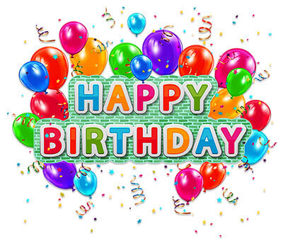 Multicolored balloons, confetti, and streamers surround the words "Happy Birthday" on a white background.