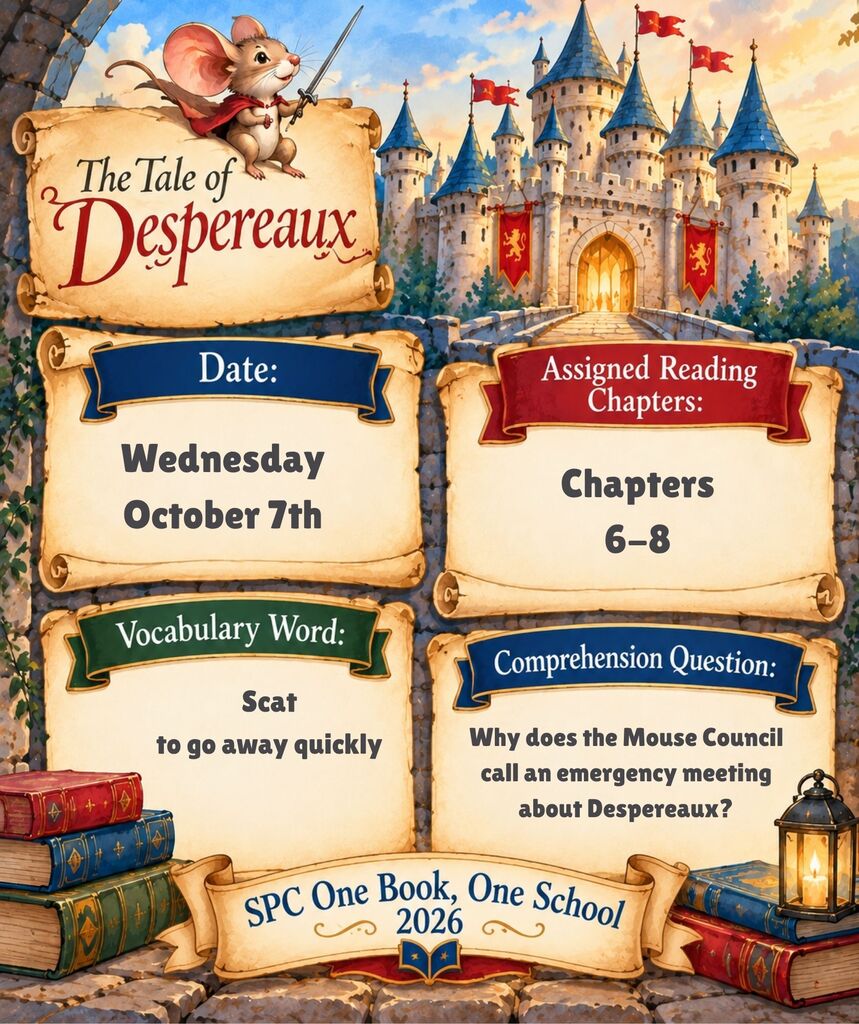 A book assignment card for "The Tale of Despereaux" features castle, books, and a mouse. Information includes date, reading chapters, vocabulary, and a comprehension question.