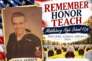 A photo of a smiling sailor with "Remember Honor Teach" and a cemetery background.