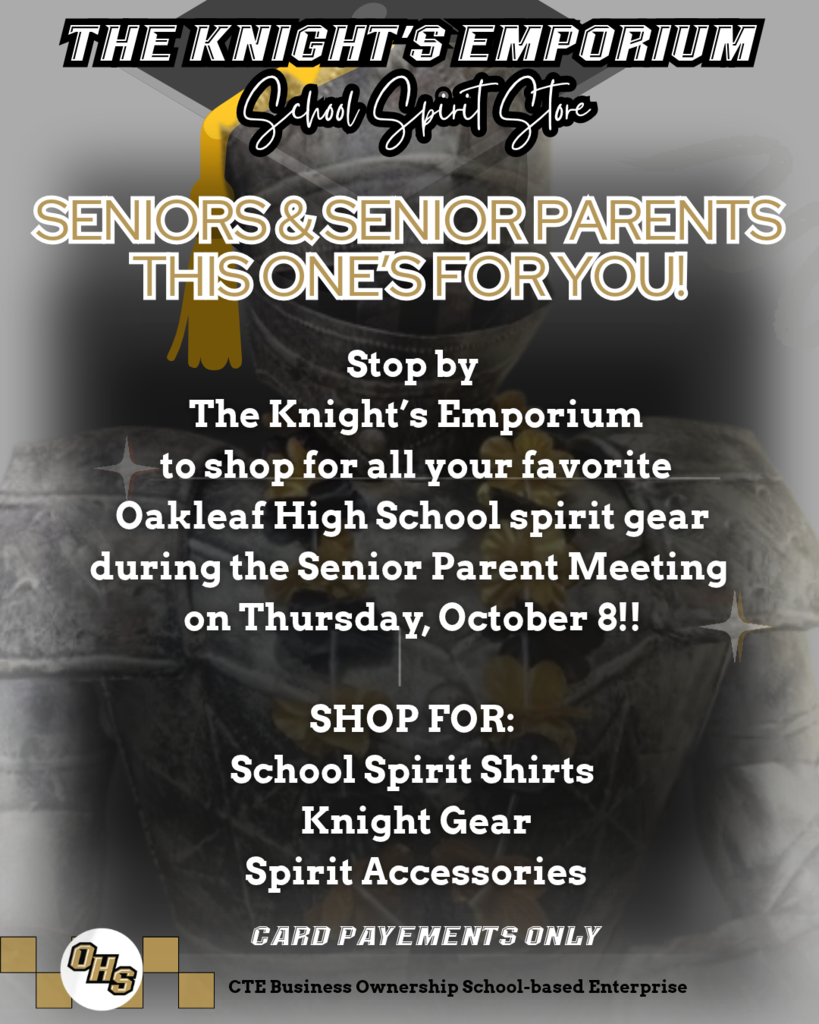 Advertisement poster that features a knight's helmet and a yellow tassel. TKE spirit store is open on October 8th during the Senior parent meeting.