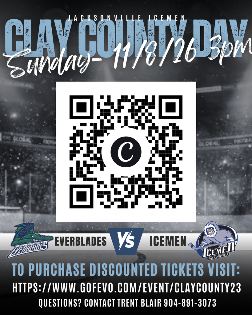 A black-and-white advertisement for Clay County Day on November 18, 2023. It features a QR code and a sports team logo.