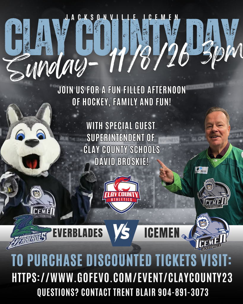 Advertisement with a mascot and a man in hockey gear. Text reads "Clay County Day" and "Everblades vs Icemen".