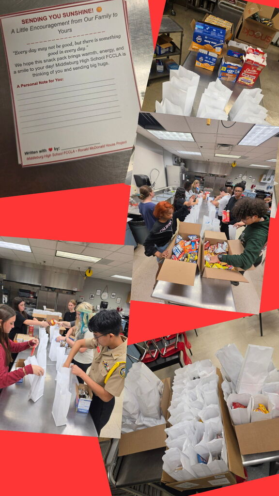 Collage of volunteers packing snack bags, a sign reading "Sending You Sunshine," and piles of bags and boxes on tables.