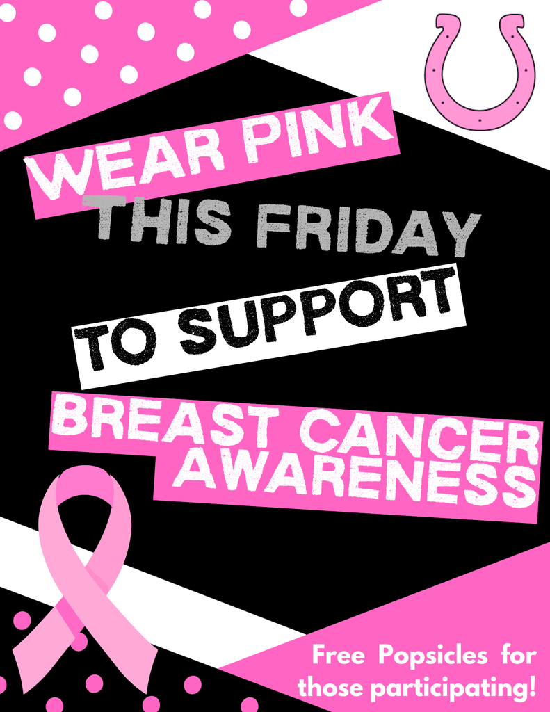 A poster with a black background features pink, white, and black designs. Text reads, "Wear Pink This Friday To Support Breast Cancer Awareness."