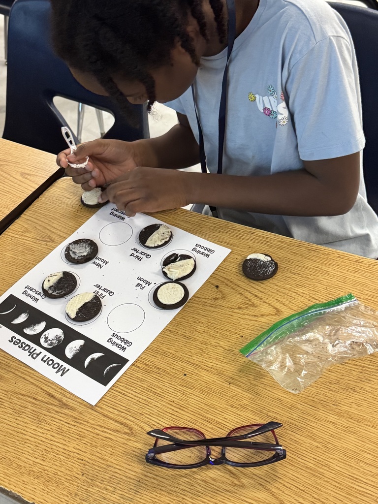 A child in a blue shirt uses tweezers to arrange cookies with phases of the moon on a table.