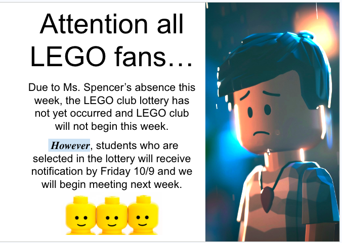 Text with LEGO club announcement. LEGO character appears sad and in the rain. Three yellow LEGO heads with smiley faces.