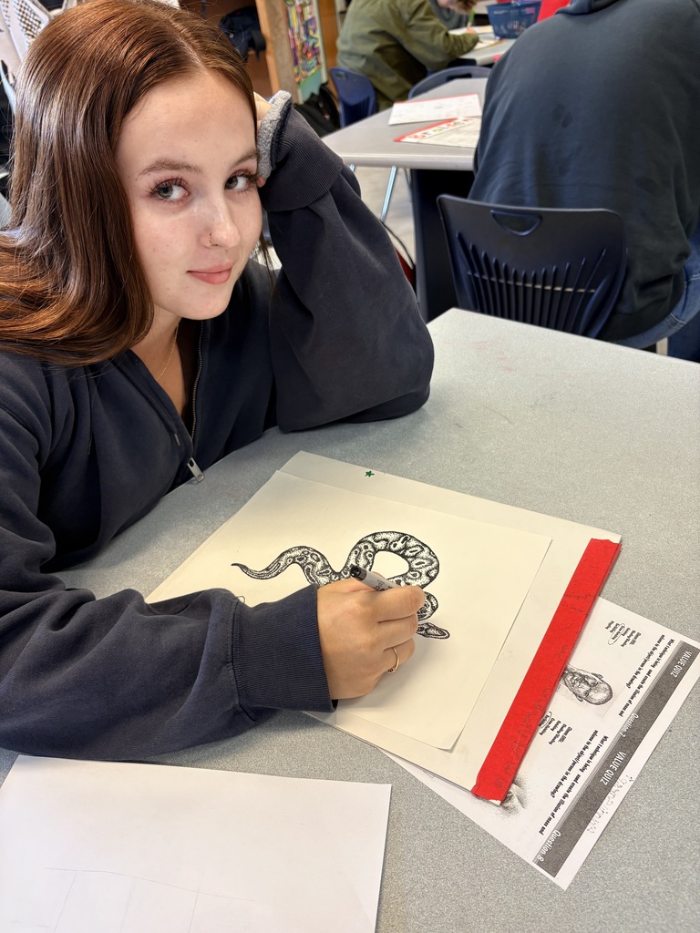 Person sitting at a table with a drawing of a snake on paper in front of them.