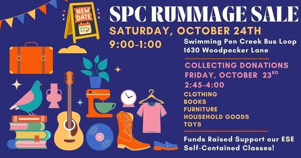 An event poster for the SPC Rummage Sale on October 24th. It includes items like a guitar, books, a mixer, a suitcase, and more.