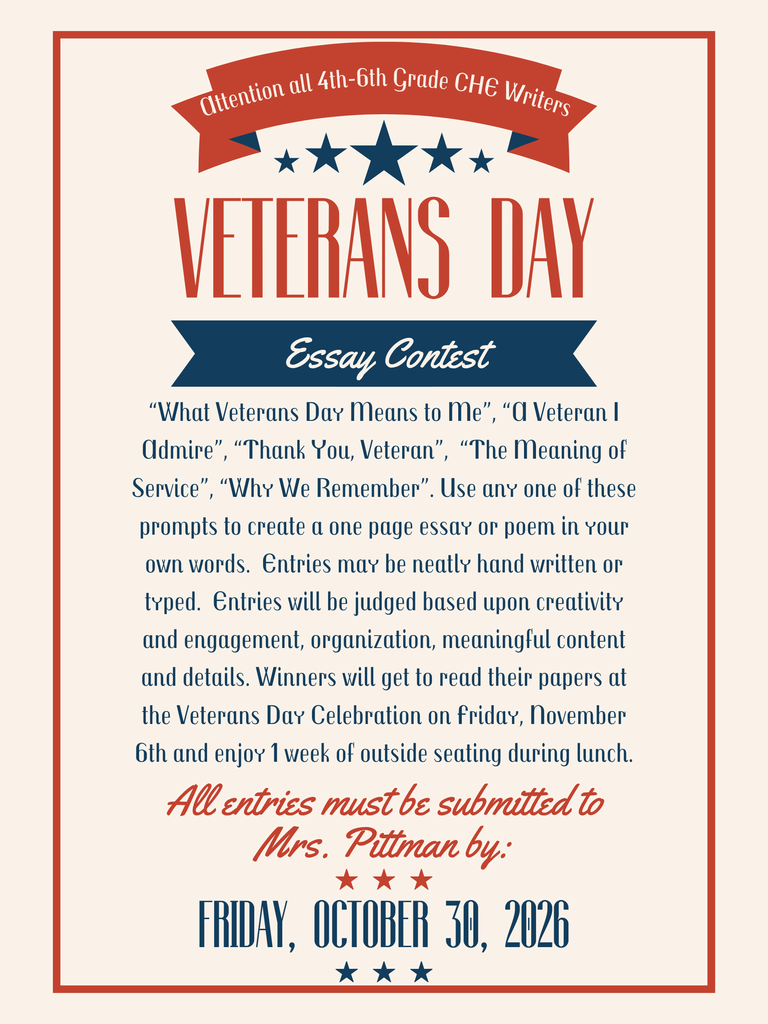 An invitation poster for a Veterans Day essay contest. It includes red stars, blue ribbon, and text on a white background.