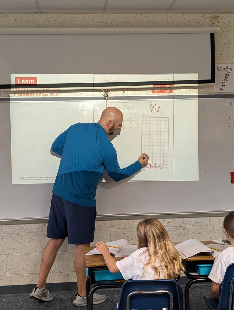 A man in a blue shirt writing on a whiteboard with two students sitting at desks.