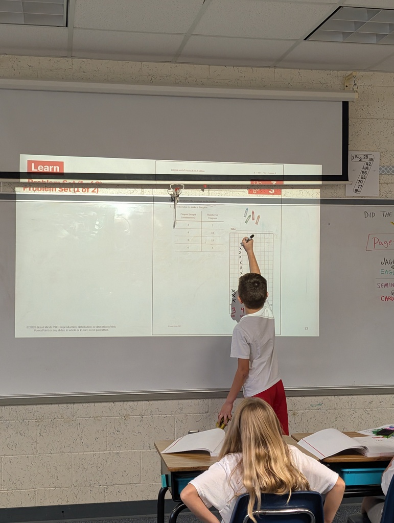 A child writes on a whiteboard with a marker, while seated students look at a projector screen.