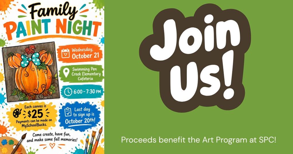 Poster with "Family Paint Night" and pumpkin image, text "Join Us!" with event details. Green background.