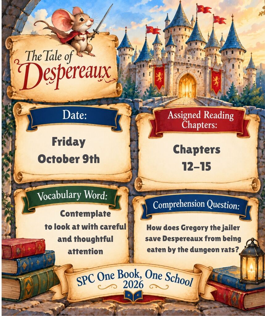 A page displays reading assignments for "The Tale of Despereaux." It includes the date, assigned chapters, vocabulary, and a comprehension question.