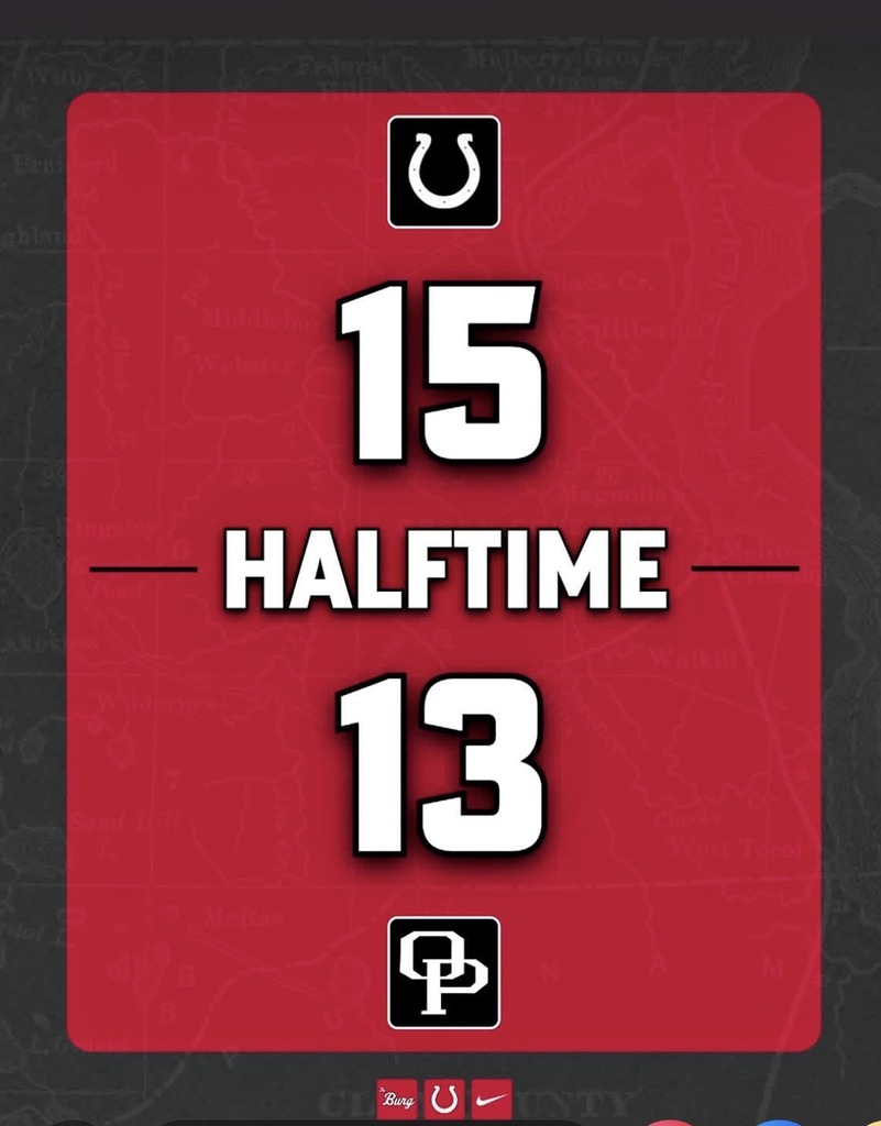 Red background displays a scoreboard. The numbers 15 and 13 are at top and bottom, respectively. The word "Halftime" is centered.