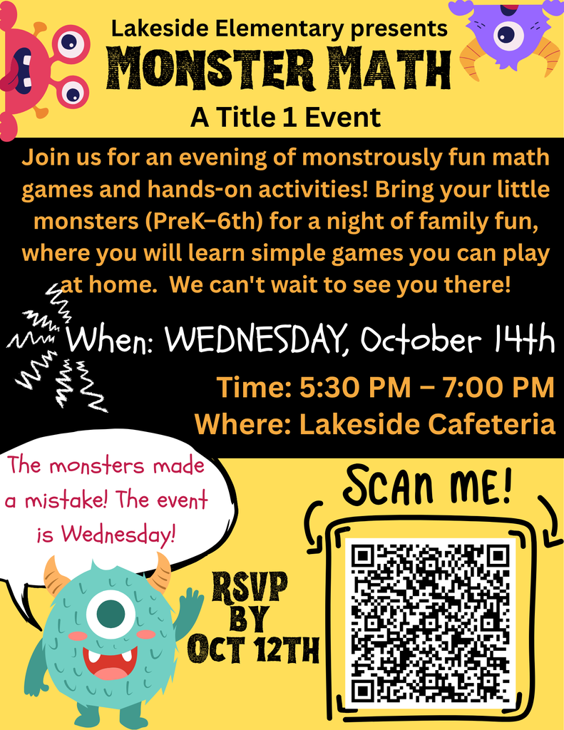 A poster for Lakeside Elementary's Monster Math event on October 14th. Features a QR code and monster graphics.