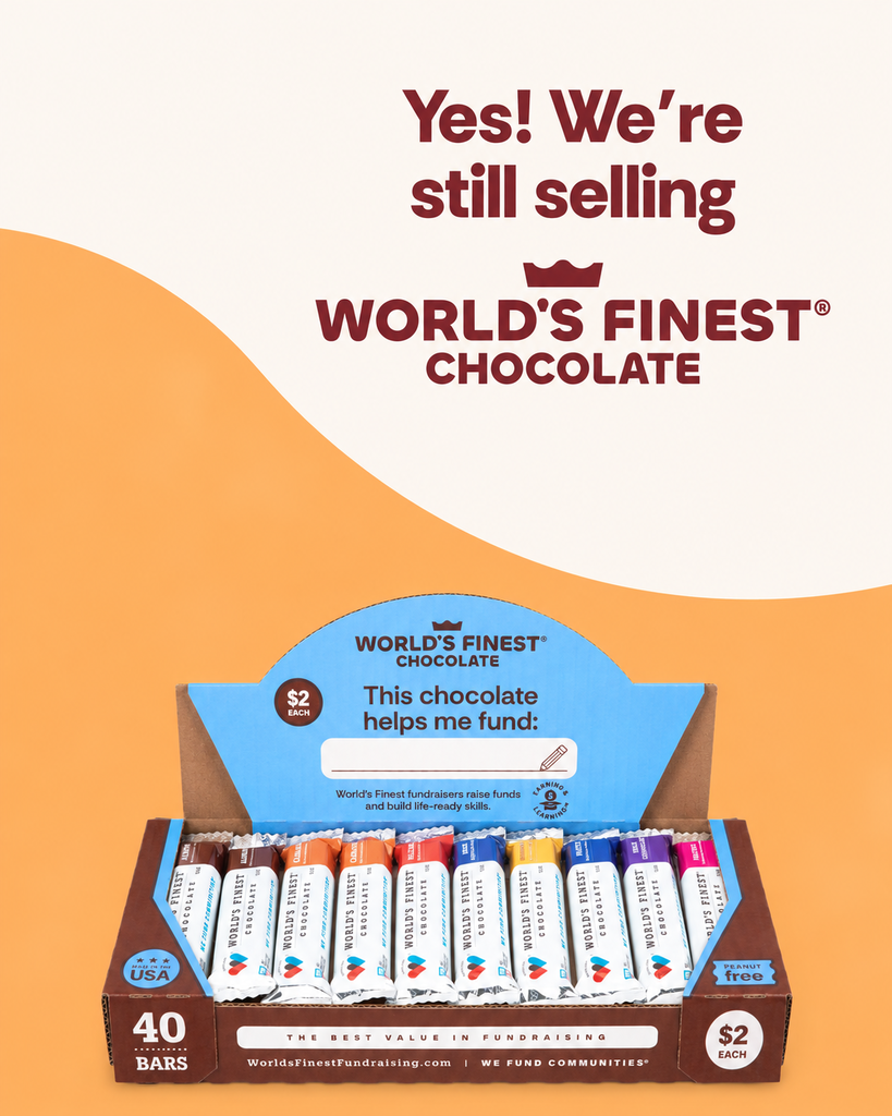 An advertisement for World's Finest Chocolate. A box with 40 chocolate bars is on an orange background.