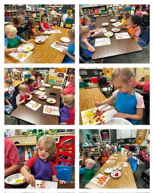 A collage of children in a classroom, each sitting at tables, engaging in art activities with paint.