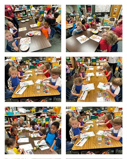 A collage of children seated around tables, engaged in painting activities. They are using paintbrushes and paper.