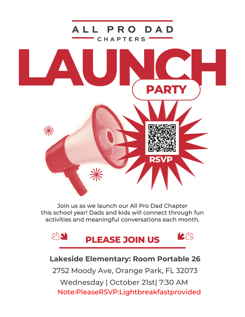 **ALL PRO DAD CHAPTERS LAUNCH PARTY** 🎉 Join us as we launch our All Pro Dad Chapter this school year! Dads and kids will connect through fun activities and meaningful conversations each month. 📍 **Location:** Lakeside Elementary: Room Portable 26 2752 Moody Ave, Orange Park, FL 32073 🗓️ **When:** Wednesday, October 21st at 7:30 AM 🥐 **Note:** Please RSVP! Light breakfast provided. Scan the QR code on the flyer to RSVP and secure your spot! 📲 #AllProDad #LakesideElementary #OrangeParkFL #Fatherhood #Community