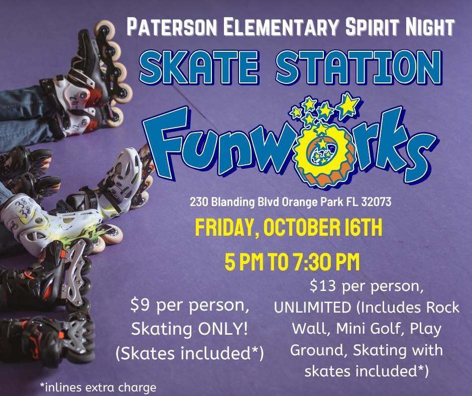 Roll into Spirit Night! 🛼 Join us at Skate Station on October 16th and help support Paterson Elementary.  Wear a costume, and get a free Airhead Candy!