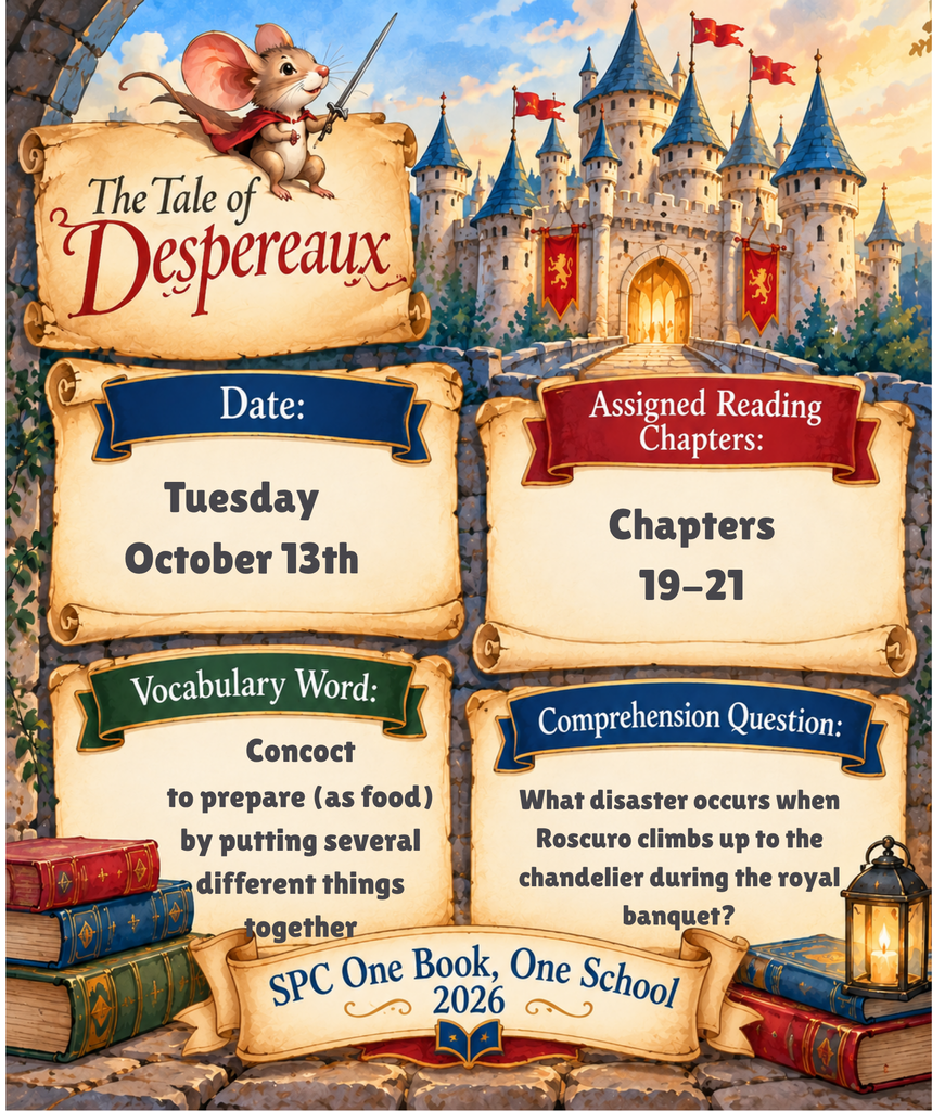 An illustrated poster for a reading assignment. Features "The Tale of Despereaux" with castle background, date, vocabulary word, and comprehension question.