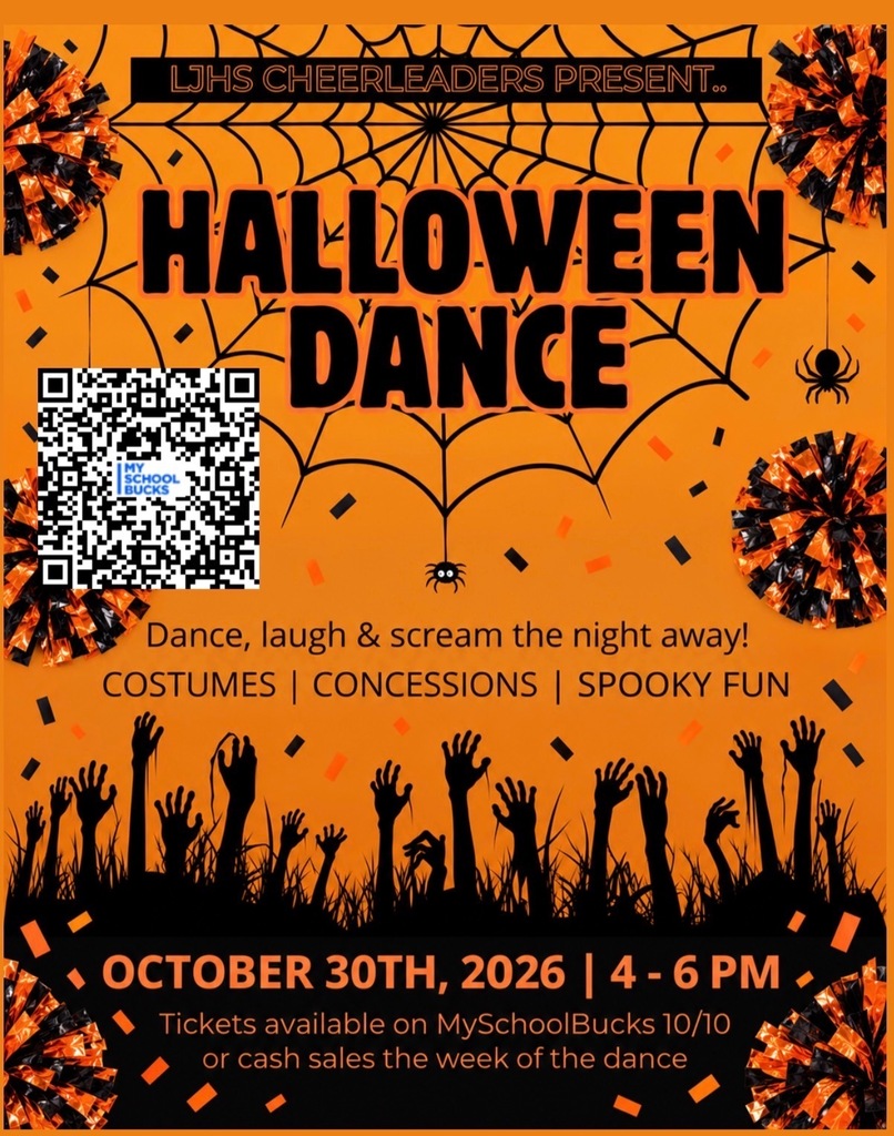Poster for the Halloween Dance with a black spider web, pumpkins, and hands raised. QR code at top.