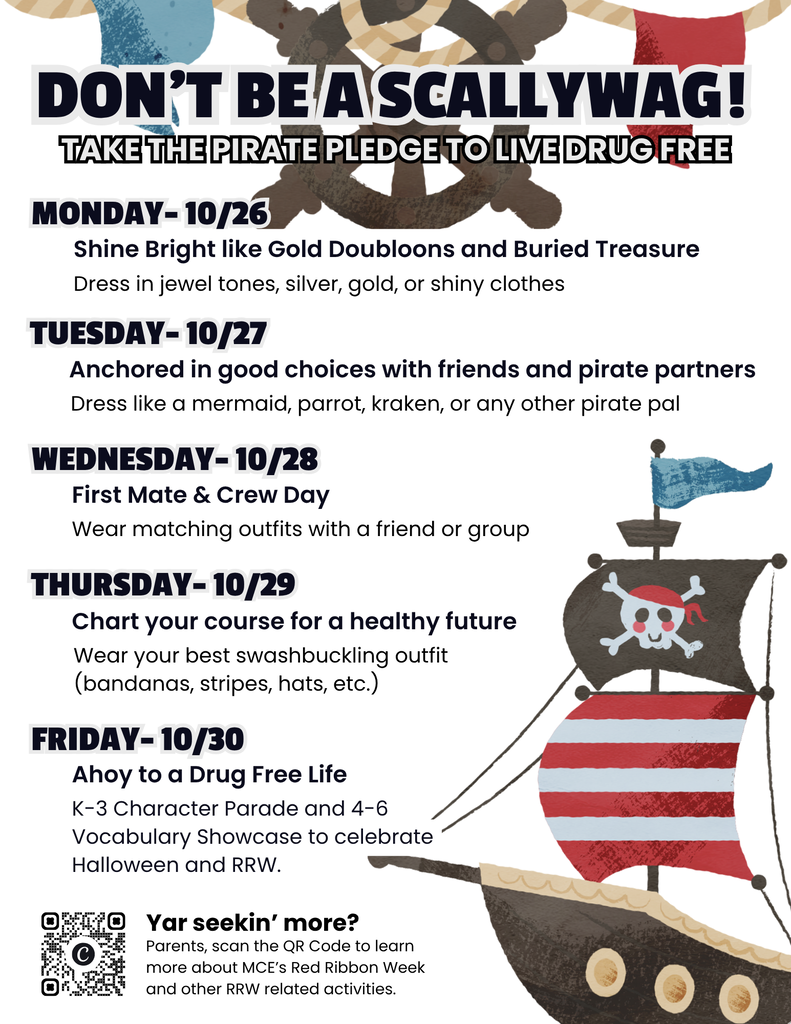 Poster with a pirate ship, flag, and skull and crossbones. Text reads "Don't be a Scallywag! Take the Pirate Pledge to Live Drug Free."