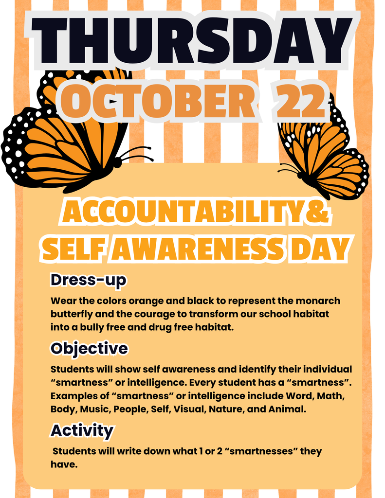 A flyer with orange and white stripes. It highlights Thursday, October 22, for Accountability & Self Awareness Day.