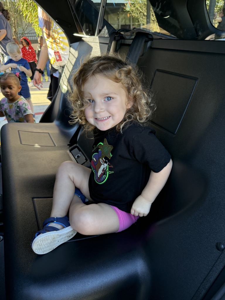 A child with curly hair sits in a police car's passenger seat, smiling. Behind, people walk on a street.