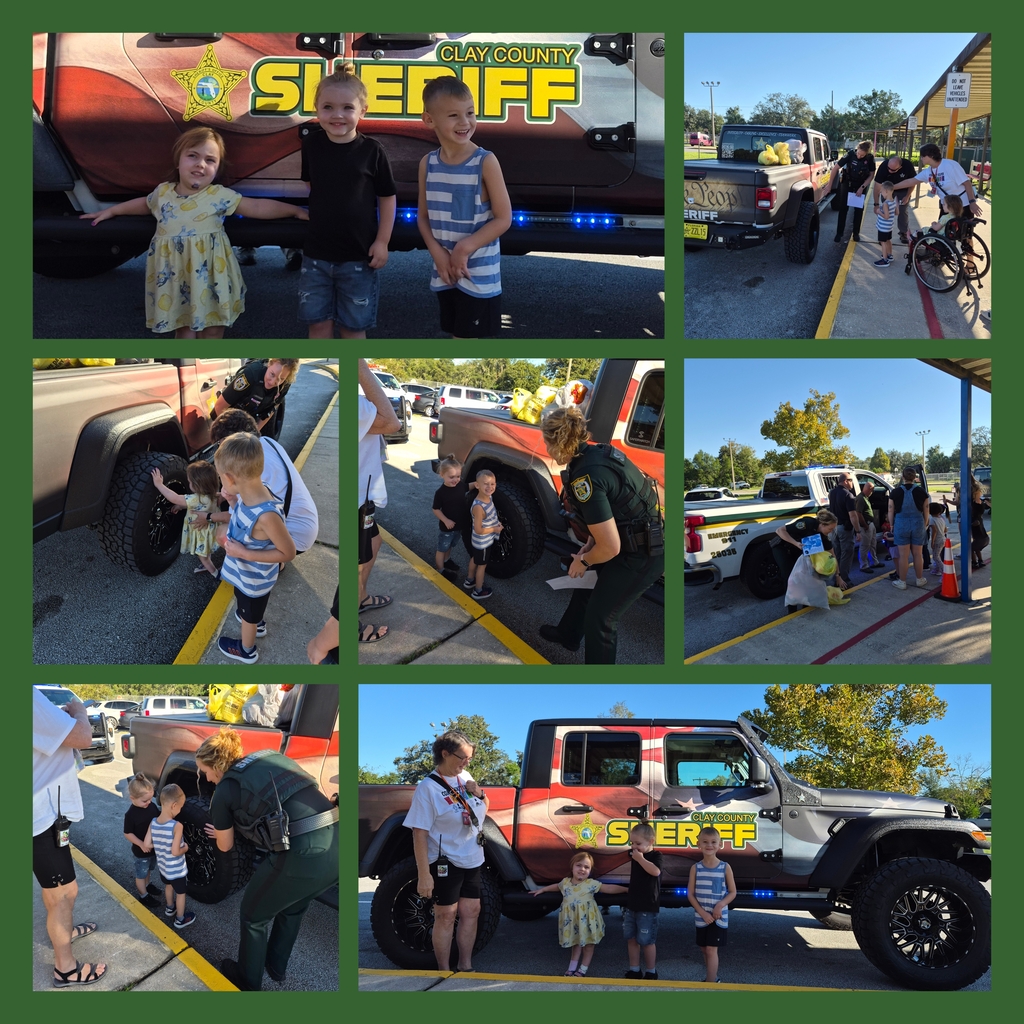 Multiple panels show children and adults interacting with a police officer and vehicles in a parking lot.
