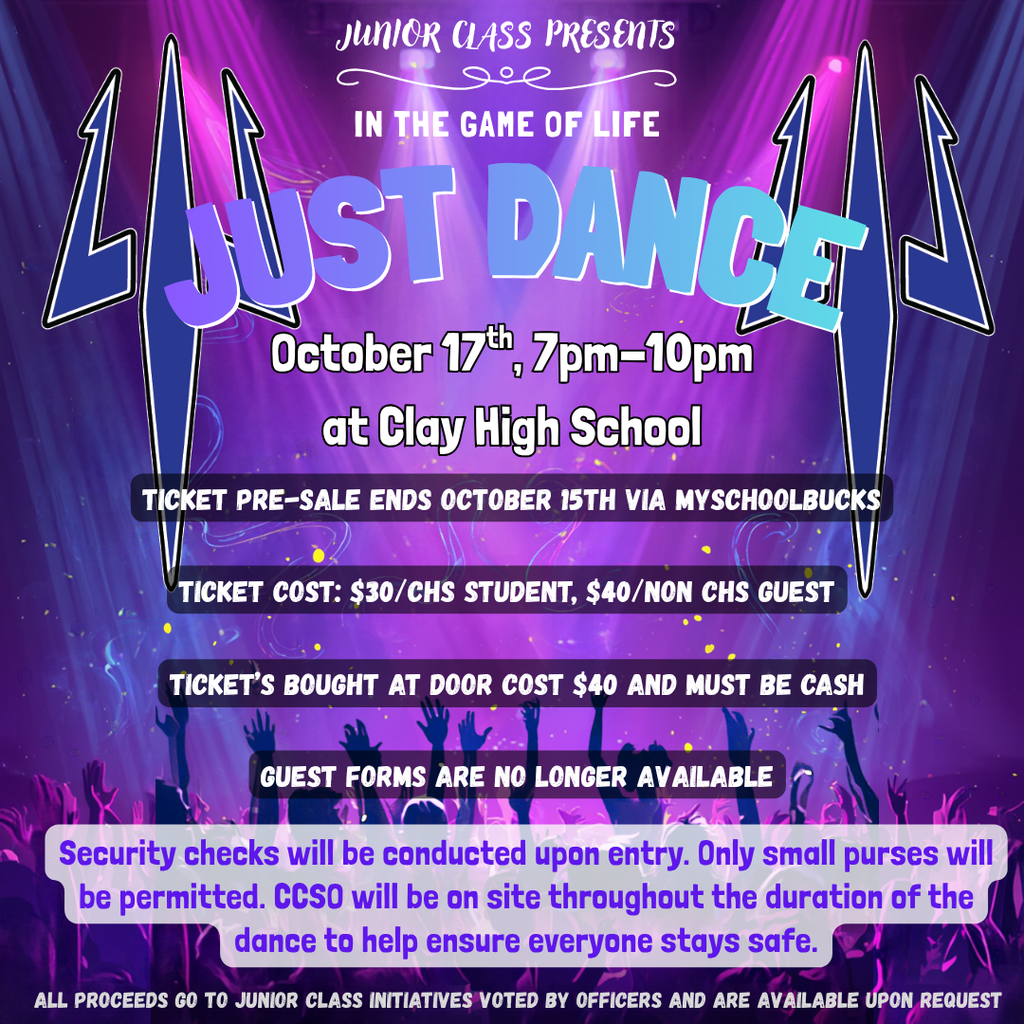 A vibrant poster for "Just Dance" on October 17th. Purple lighting, text about tickets, and an audience silhouette are featured.