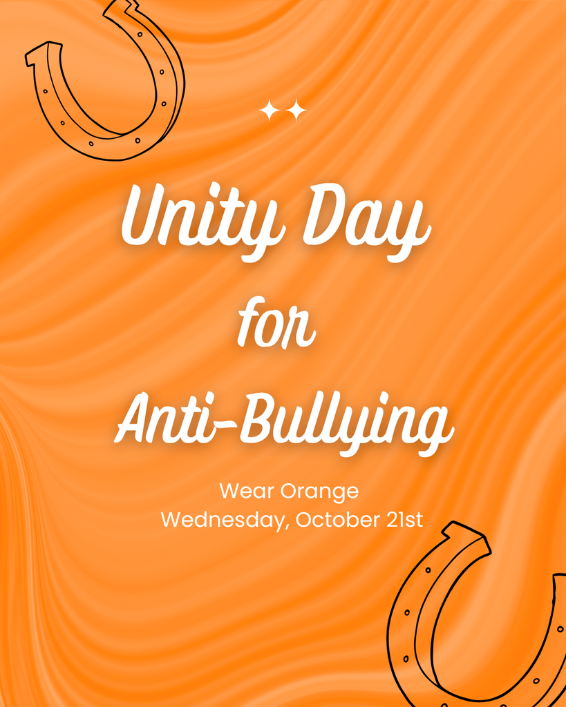 Orange poster with "Unity Day for Anti-Bullying" text and horseshoes. Event on October 21st.