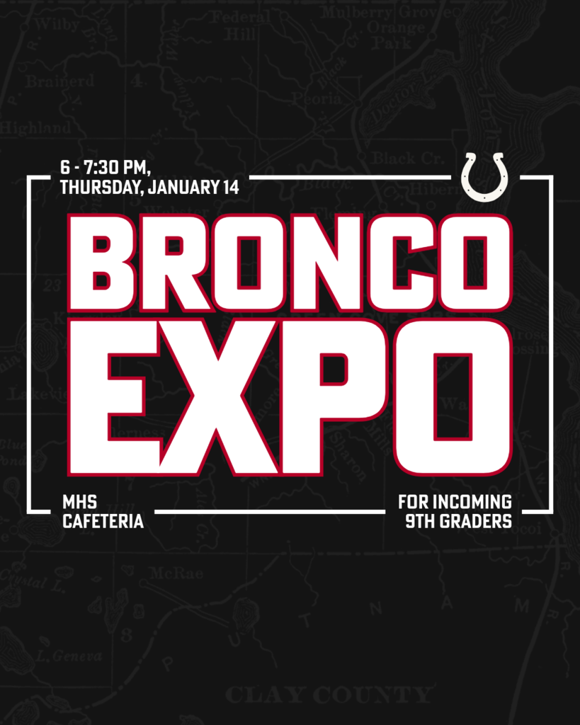 Black background with white text and a logo. "BRONCO EXPO" in bold white font. "6-7:30 PM, Thursday, January 14" at top left. "FOR INCOMING 9TH GRADERS" below the logo.