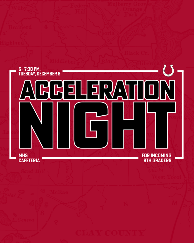 Red background with white borders. "Acceleration Night" in bold black text. Date, time, and location are in white text.