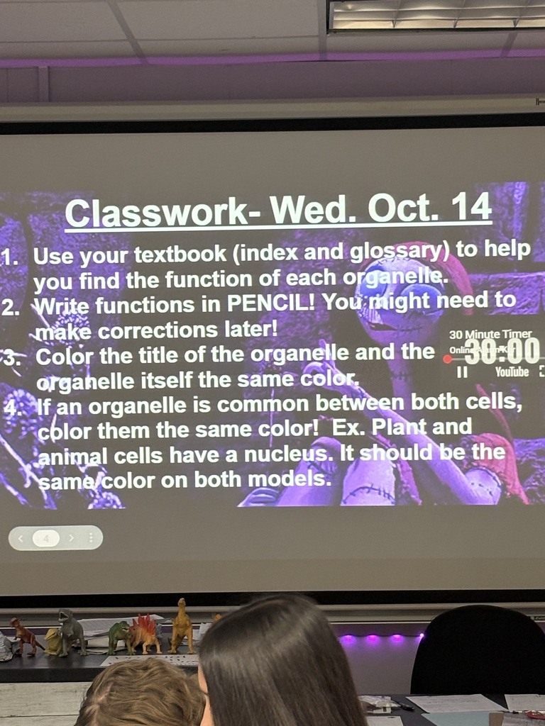 Bright screen displaying a slide titled "Classwork-Wed. Oct. 14" with instructions. A woman and a child are watching.