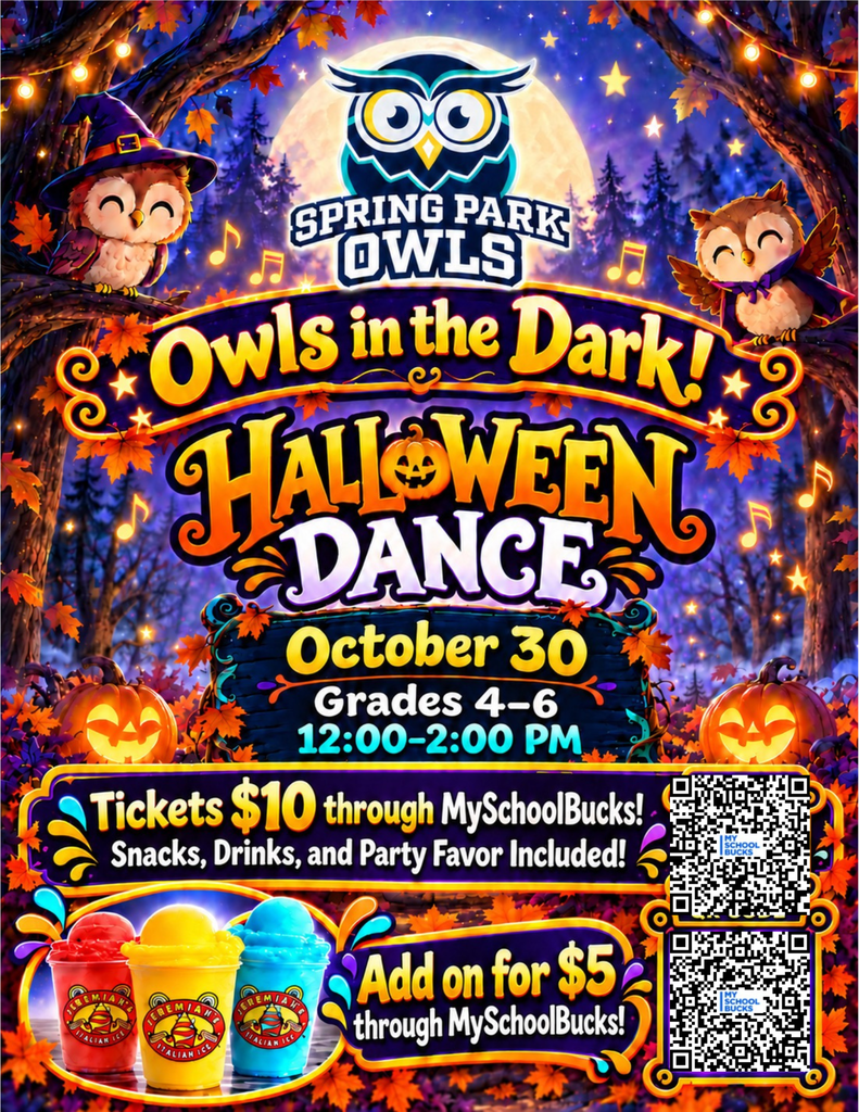 Halloween-themed dance flyer with owls. "Owls in the Dark! Halloween Dance" in large text. Tickets $10. Snacks, drinks, and party favors included.
