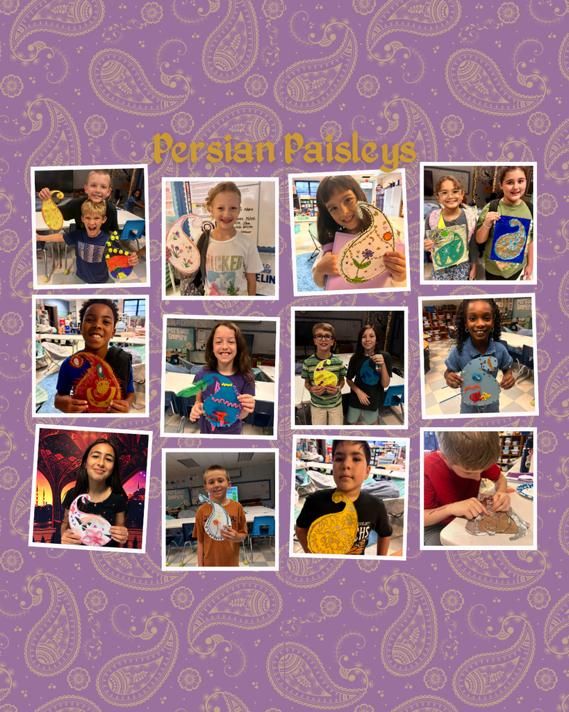 Collage of students holding completed projects with Persian paisley designs. Each image shows different children in a classroom setting.