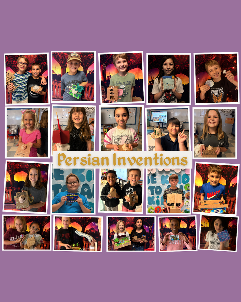 A collage of children holding handmade items. The background is purple with the text "Persian Inventions".