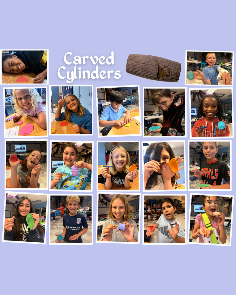 Multiple children hold carved cylinder objects in a collage of photos, with a title reading "Carved Cylinders" at top.