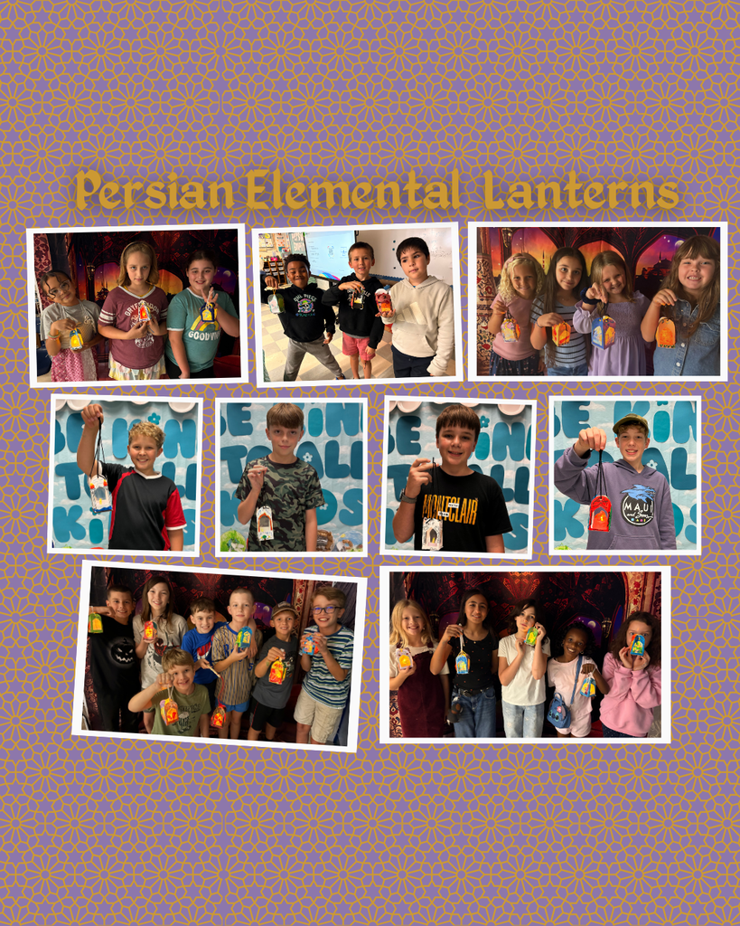Multiple photos of children holding lanterns, arranged in a grid, with a purple background. Title reads "Persian Elemental Lanterns".