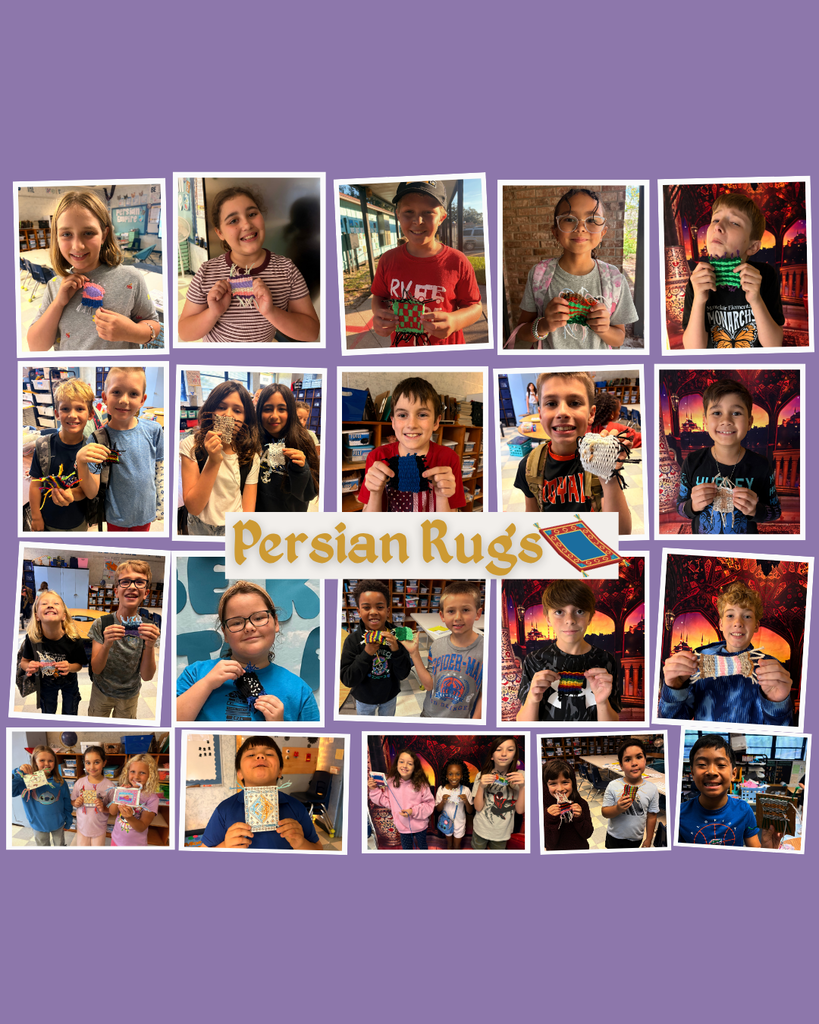 A collage of children holding items. The text "Persian Rugs" is displayed prominently. Background is purple.