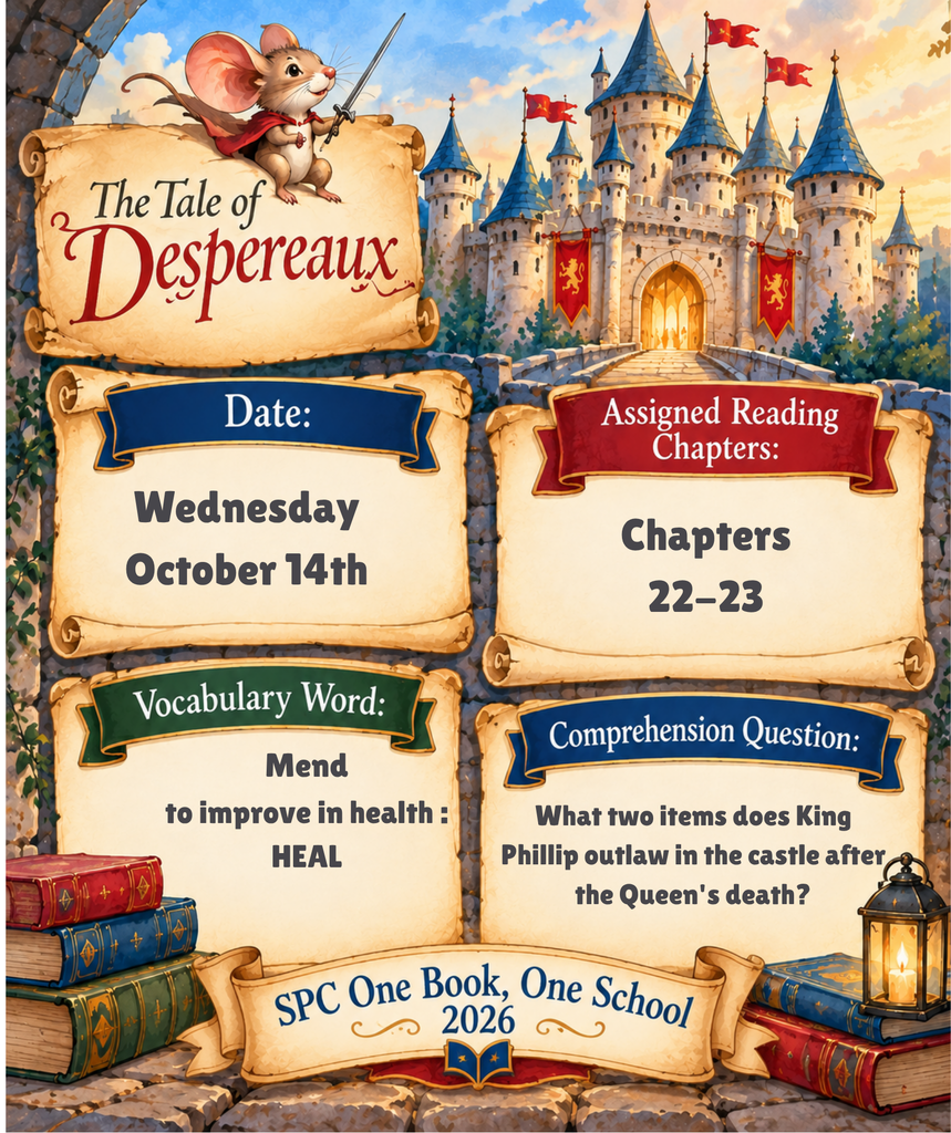 A colorful poster with a castle background and mouse holding a sword. Text includes "The Tale of Despereaux" and reading details.
