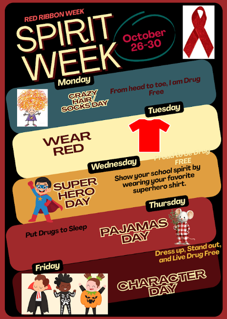 Poster with a red ribbon on top, detailing Spirit Week with dates and themes for each day.