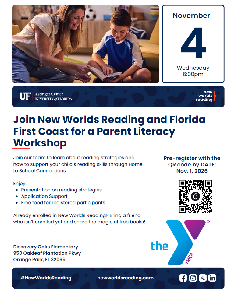 New Worlds Reading Flyer inviting parents out for a night of reading strategies and a free meal. You can also learn how to sign up for free books.