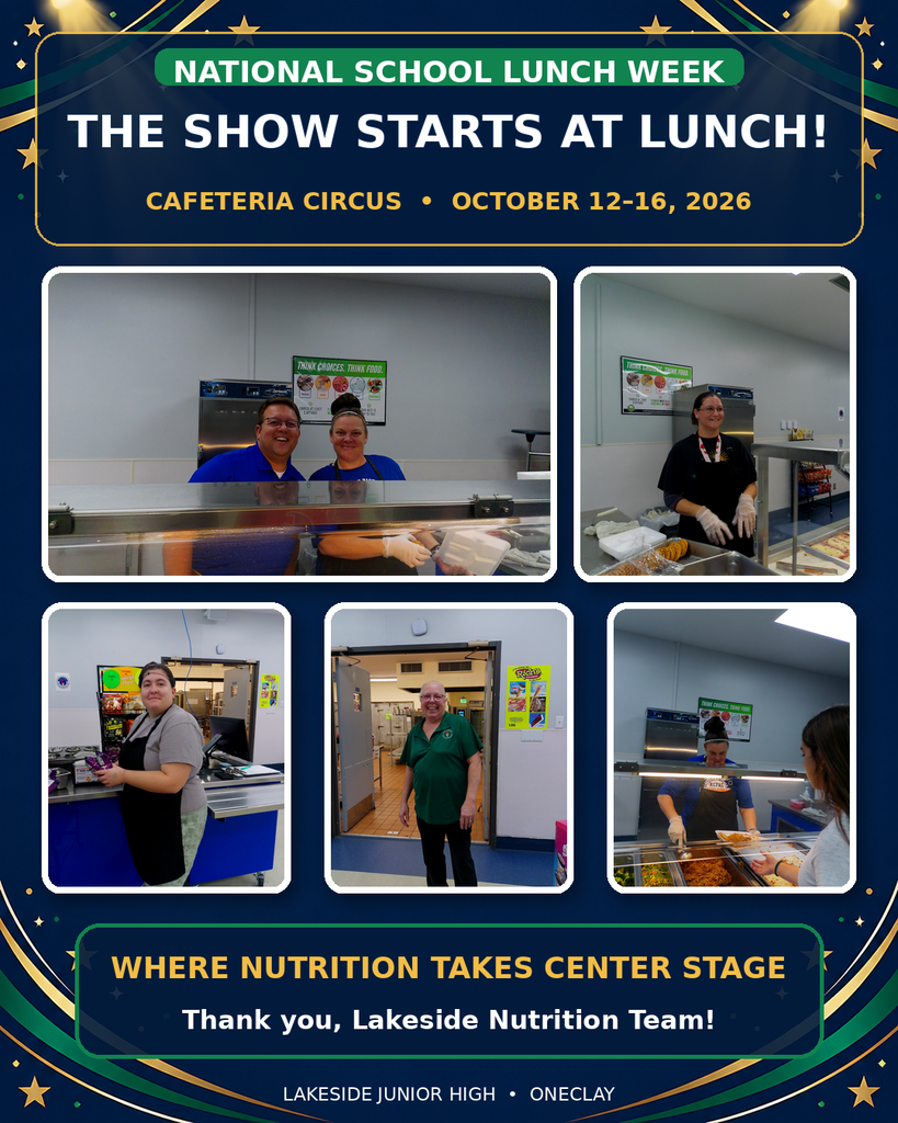 An advertisement with multiple photos of Lakeside Junior High cafeteria staff. A bold title reads "The Show Starts at Lunch!"