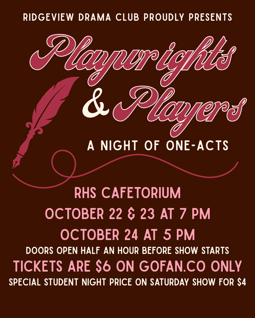Event flyer for "Playwrights & Players" featuring a red quill pen, dates, times, and ticket info.